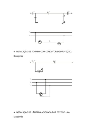 8) INSTALAÇÃO DE TOMADA COM CONDUTOR DE PROTEÇÃO.
Diagramas
9) INSTALAÇÃO DE LÂMPADA ACIONADA POR FOTOCÉLULA.
Diagramas
 