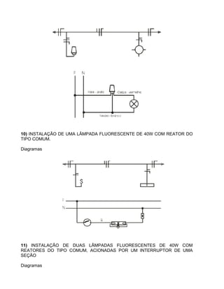 10) INSTALAÇÃO DE UMA LÂMPADA FLUORESCENTE DE 40W COM REATOR DO
TIPO COMUM.
Diagramas
11) INSTALAÇÃO DE DUAS LÂMPADAS FLUORESCENTES DE 40W COM
REATORES DO TIPO COMUM, ACIONADAS POR UM INTERRUPTOR DE UMA
SEÇÃO
Diagramas
 