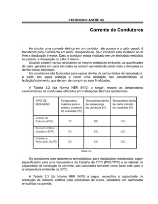 EXERCICIOS ANEXO 03
Corrente de Condutores
Ao circular uma corrente elétrica em um condutor, ele aquece e o calor gerado é
transferido para o ambiente em redor, dissipando-se. Se o condutor está instalado ao ar
livre a dissipação é maior. Caso o condutor esteja instalado em um eletroduto embutido
na parede, a dissipação do calor é menor.
Quando existem vários condutores no mesmo eletroduto embutido, as quantidades
de calor, geradas em cada um deles se somam aumentando ainda mais a temperatura
dentro desse eletroduto.
Os condutores são fabricados para operar dentro de certos limites de temperatura,
a partir dos quais começa a haver uma alteração nas características de
Isolação/Isolamento, que deixam de cumprir as suas finalidades.
A Tabela 3.2 (da Norma NBR 5410) a seguir, mostra as temperaturas
características de condutores utilizados em instalações elétricas residenciais.
Os condutores com isolamento termoplástico, para instalações residenciais, sejam
especificados para uma temperatura de trabalho de 70ºC (PVC/70ºC) e as tabelas de
capacidade de condução de corrente, são calculadas tomando como base este valor e
a temperatura ambiente de 30ºC.
A Tabela 3.3 (da Norma NBR 5410) a seguir, especifica a capacidade de
condução de corrente elétrica para condutores de cobre, instalados em eletrodutos
embutidos na parede.
 