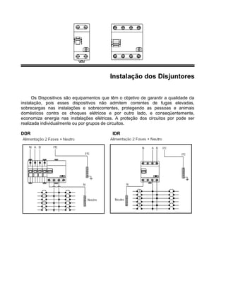 Instalação dos Disjuntores
Os Dispositivos são equipamentos que têm o objetivo de garantir a qualidade da
instalação, pois esses dispositivos não admitem correntes de fugas elevadas,
sobrecargas nas instalações e sobrecorrentes, protegendo as pessoas e animais
domésticos contra os choques elétricos e por outro lado, e conseqüentemente,
economiza energia nas instalações elétricas. A proteção dos circuitos por pode ser
realizada individualmente ou por grupos de circuitos.
DDR IDR
 