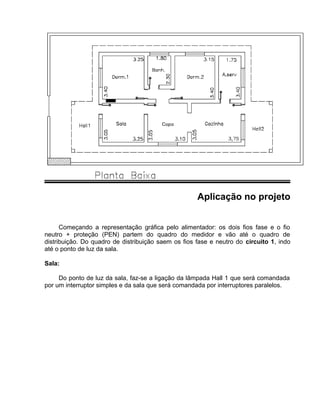 Aplicação no projeto
Começando a representação gráfica pelo alimentador: os dois fios fase e o fio
neutro + proteção (PEN) partem do quadro do medidor e vão até o quadro de
distribuição. Do quadro de distribuição saem os fios fase e neutro do circuito 1, indo
até o ponto de luz da sala.
Sala:
Do ponto de luz da sala, faz-se a ligação da lâmpada Hall 1 que será comandada
por um interruptor simples e da sala que será comandada por interruptores paralelos.
 