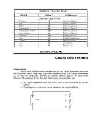 EXERCICIO (ANEXO 01)
Circuito Série e Paralelo
Circuito Série
O Circuito Série é aquele constituído por mais de uma carga, ligadas em série uma
com as outras, isto é, cada carga é ligada na extremidade de outra carga, diretamente
ou por meio de condutores. Exemplo de circuitos elétricos ligados em série muito
utilizados: lâmpadas de árvore de natal. As principais características são:
• As cargas dependem uma das outras para o funcionamento do circuito
elétrico;
• Existe apenas um caminho para a passagem da corrente elétrica.
 