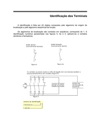Identificação dos Terminais
A identificação é feita por (2) dígitos compostos pelo algarismo de origem de
localização e pelo algarismo seqüencial de função.
Os algarismos de localização são contados em seqüência, começando de 1. A
identificação numérica apresentada nas figuras 4, 4a e 5, aplicam-se a contatos
abridores e fechadores.
 