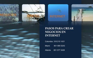 NEGOCIOS   DINERO        INTERNET


                    PASOS PARA CREAR
                    NEGOCIOS EN
                    INTERNET
                    Colombia 318 215 1431

                    Miami     801 895 5243

                    Atlanta   801 577 3428
 