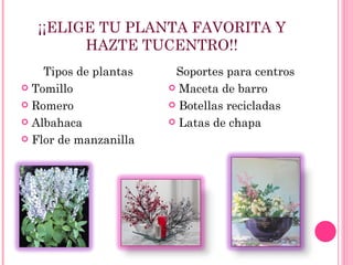 ¡¡ELIGE TU PLANTA FAVORITA Y
        HAZTE TUCENTRO!!
    Tipos de plantas    Soportes para centros
 Tomillo               Maceta de barro

 Romero                Botellas recicladas

 Albahaca              Latas de chapa

 Flor de manzanilla
 