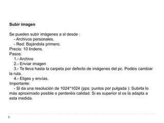 Subir imagenSe pueden subir imágenes a sl desde :    - Archivos personales.    - Red: Bajándola primero.Precio: 10 lindens.Pasos:    1.- Archivo    2.- Enviar imagen    3.- Te lleva hasta la carpeta por defecto de imágenes del pc. Podéis cambiar la ruta.    4.- Eliges y envías.Importante:    - Sl da una resolución de 1024*1024 (pps: puntos por pulgada ): Subirla lo más aproximado posible o perderéis calidad. Si es superior sl os la adapta a esta medida.