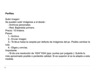 Perfiles Subir imagen:Se pueden subir imágenes a sl desde :    - Archivos personales.    - Red: Bajándola primero.Precio: 10 lindens.Pasos:    1.- Archivo    2.- Enviar imagen    3.- Te lleva hasta la carpeta por defecto de imágenes del pc. Podéis cambiar la ruta.    4.- Eliges y envías.Importante:    - Sl da una resolución de 1024*1024 (pps: puntos por pulgada ): Subirla lo más aproximado posible o perderéis calidad. Si es superior sl os la adapta a esta medida.