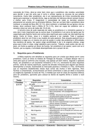 PRIMEIRA IGREJA PRESBITERIANA DE CASA CAIADA
concessão de Cristo, deve-se estar bem claro que o presbítero não recebeu autoridade
para decidir o que ele acha que é certo e utilizar apenas os recursos da sua própria
consciência. Como líder presbiteral, ele é um representante de Cristo reconhecido pela
igreja para expressar a vontade divina, logo as decisões de liderança devem sempre buscar
o melhor para Cristo. É inegociável a necessidade de todas as decisões estarem
plenamente em acordo com os princípios bíblicos. Para ser um bom líder o presbítero deve
conhecer a vontade de Deus (Rm 12.1-2), deve conhecer a realidade da sua igreja e do seu
tempo, deve conhecer bem a Bíblia (II Tm 2.15), deve ser capaz de colaborar com a
solução e deve ser servo de todos (Mc 10.43-44).
A terceira área de ação esperada de todos os presbíteros é o ministério pastoral e
esta não é mais importante que as outras duas. O presbítero é um servo da igreja que foi
capacitado pelo Espírito Santo com certos dons espirituais para cuidar da vida espiritual da
igreja. Como já vimos, Jesus é o modelo pastoral a ser copiado. Todo e qualquer
presbítero deve ter em Cristo o seu modelo de ação pastoral. Essa atuação pastoral leva o
presbítero a negar-se a si mesmo em prol do ajudar e cuidar dos problemas e dificuldades
dos membros da igreja. Ser pastor exige sensibilidade à dor e às angústia alheias, exige
graça para tratar a culpa, exige sabedoria para exortar. Todavia, essas ações não são um
peso, um fardo ou apenas um dever da função. Ser presbítero é ser pastor, assim com se é
homem, pai ou esposo, é atividade desempenhada com o prazer de ser.
3. Requisitos para o Presbiterato
A Bíblia explicita com detalhes os requisitos para um cristão que deseja servir como
presbítero. Como já vimos no módulo de Teologia da Vocação, o simples desejar não é o
meio pelo qual se confirma uma vocação, mas apenas um bom indício. Segundo o apóstolo
Paulo, ser presbítero é um excelente ministério (I Tm 3.1), entretanto há altos requisitos
prévios, tanto de valores espirituais, quanto de atitudes vivenciais para alguém que deseja
desempenhar a função. Examinando as instruções paulinas a Timóteo e a Tito, verificamos
que os requisitos estabelecidos nessas duas cartas são muitos e bem rigorosos. Para
facilitar a compreensão, acrescentamos um breve comentário a cada um deles e excluímos
as exigências repetidas no texto de Tito. À medida que você ler esses 26 requisitos bíblicos
para ser presbítero, aproveite para colocar-se diante do espelho divino e avaliar a você
mesmo.
Texto Requisitos Comentários
I Timóteo
3:1-11
1. Ninguém possa culpar
de nada
Vida que apresenta coerência com o ensino bíblico.
2. Ter somente uma
esposa
Amor e fidelidade conjugal.
3. Ser moderado Controle de si mesmo, não explosivo.
4. Prudente
Não é precipitado, nem propagandista de si
mesmo.
5. Simples
Humilde, não procura seu próprio destaque ou
reconhecimento público do que faz.
6. Hospitaleiro
Acolhe bem as pessoas e tem a sua casa aberta
para ajudar e hospedar.
7. Capacidade para
ensinar
Dom de ensino experimentado e pronto para
edificar pessoas na Palavra.
8. Não chegado ao vinho
Domínio próprio, não permitindo que a bebida lhe
controle.
9. Não briguento
Não é provocador de brigas e sabe lidar
adequadamente com as situações de confronto sem
usar a violência.
10. Pacífico
Busca produzir a paz nos relacionamentos. È amigo
e sua companhia é agradável.
11. Calmo
Firme propósito de evitar conflitos e destruição de
relacionamentos pessoais ou de outros.
12. Não deve amar o Desprendimento de bens materiais e facilidade
para dar.
EVANGELIZAÇÃO – ADORAÇÃO – COMUNHÃO – DISCIPULADO – SERVIÇO 5
 