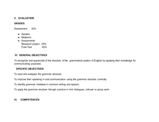 V. EVALUATION 
GRADES: 
Assessment 35% 
 Quizzes 
 Midterms 
 Assignments 
Research project 25% 
Final Test 40% 
VI. GENERAL OBJECTIVES 
To recognize and appreciate of the structure of the grammatical system of English by applying their knowledge for 
communicating purposes. 
SPECIFIC OBJECTIVES: 
To read and analyzes the grammar structure. 
To improve their speaking in oral communication using the grammar structure correctly. 
To identify grammar mistakes in common writing and speech. 
To apply the grammar structure through practice in mini dialogues, indivual or group work. 
VI. COMPETENCES 
 