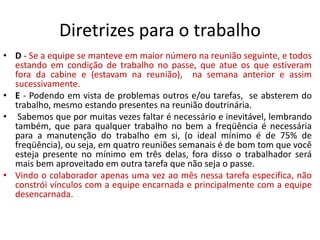 Diretrizes para o trabalho
• D - Se a equipe se manteve em maior número na reunião seguinte, e todos
estando em condição de trabalho no passe, que atue os que estiveram
fora da cabine e (estavam na reunião), na semana anterior e assim
sucessivamente.
• E - Podendo em vista de problemas outros e/ou tarefas, se absterem do
trabalho, mesmo estando presentes na reunião doutrinária.
• Sabemos que por muitas vezes faltar é necessário e inevitável, lembrando
também, que para qualquer trabalho no bem a freqüência é necessária
para a manutenção do trabalho em si, (o ideal mínimo é de 75% de
freqüência), ou seja, em quatro reuniões semanais é de bom tom que você
esteja presente no mínimo em três delas, fora disso o trabalhador será
mais bem aproveitado em outra tarefa que não seja o passe.
• Vindo o colaborador apenas uma vez ao mês nessa tarefa especifica, não
constrói vínculos com a equipe encarnada e principalmente com a equipe
desencarnada.
 