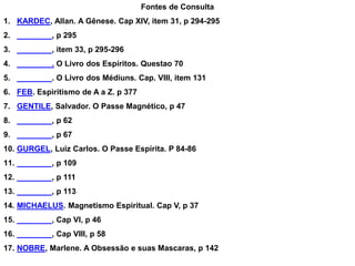 Fontes de Consulta
1. KARDEC, Allan. A Gênese. Cap XIV, item 31, p 294-295
2. ________, p 295
3. ________, item 33, p 295-296
4. ________. O Livro dos Espíritos. Questao 70
5. ________. O Livro dos Médiuns. Cap. VIII, item 131
6. FEB. Espiritismo de A a Z. p 377
7. GENTILE, Salvador. O Passe Magnético, p 47
8. ________, p 62
9. ________, p 67
10. GURGEL, Luiz Carlos. O Passe Espírita. P 84-86
11. ________, p 109
12. ________, p 111
13. ________, p 113
14. MICHAELUS. Magnetismo Espiritual. Cap V, p 37
15. ________, Cap VI, p 46
16. ________, Cap VIII, p 58
17. NOBRE, Marlene. A Obsessão e suas Mascaras, p 142
 