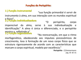 “sua função primordial é servir de
instrumento à alma, em sua interação com os mundos espiritual
e físico”.
“O perispírito, corpo
imperecível da alma, serve à sua individualização e
identificação.” A alma é única e diferenciada, e o perispírito
mostra-a, refletindo-a”
“Na reencarnação, em que o ritmo
morfogenético, obedecendo aos impulsos psicossômicos de
crescimento, leva à formação de um novo corpo físico que se
estrutura rigorosamente de acordo com as características que
marcam o corpo espiritual, modelo por excelência.”
Perispírito - Z.Zimmermann
pág. 59 60 61
Funções do Perispírito:
1 ) Função Instrumental
2 ) Função individualizadora
3 ) Função organizadora
 