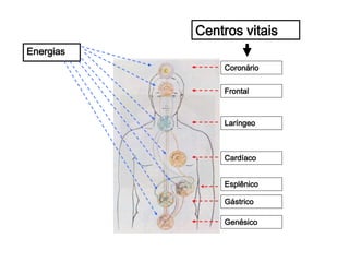 Energias
Coronário
Frontal
Laríngeo
Cardíaco
Esplênico
Gástrico
Genésico
Centros vitais
 