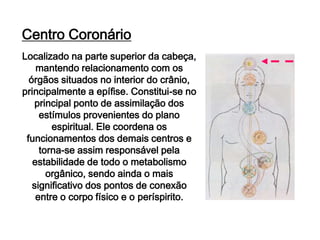 Centro Coronário
Localizado na parte superior da cabeça,
mantendo relacionamento com os
órgãos situados no interior do crânio,
principalmente a epífise. Constitui-se no
principal ponto de assimilação dos
estímulos provenientes do plano
espiritual. Ele coordena os
funcionamentos dos demais centros e
torna-se assim responsável pela
estabilidade de todo o metabolismo
orgânico, sendo ainda o mais
significativo dos pontos de conexão
entre o corpo físico e o períspirito.
 