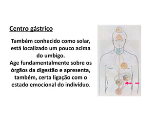 Centro gástrico
Também conhecido como solar,
está localizado um pouco acima
do umbigo.
Age fundamentalmente sobre os
órgãos da digestão e apresenta,
também, certa ligação com o
estado emocional do indivíduo.
 