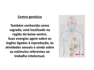 Centro genésico
Também conhecido como
sagrado, está localizado na
região do baixo ventre.
Suas energias agem sobre os
órgãos ligados à reprodução, às
atividades sexuais e ainda sobre
os estímulos referentes ao
trabalho intelectual.
 