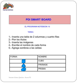 PDI SMART BOARD

                      EL PROGRAMA NOTEBOOK 10


                          TAREA

1.- Inserta una tabla de 2 columnas y cuartro filas
2.- Pon los títulos
3.- Inserta las imágenes
4.- Escribe el nombre de cada forma
5.- Agrega sombras a las celdas


  FORMA                           NOMBRE

                                  CUBO

                                  PIRÁMIDE

                                  PRISMA



Antonio Gómez Jiménez Asesor TE
 