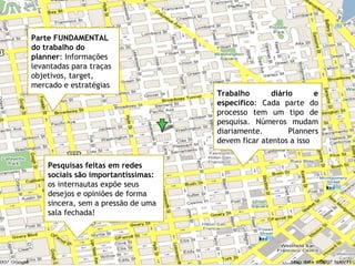 Parte FUNDAMENTAL do trabalho do planner : Informações levantadas para traças objetivos, target, mercado e estratégias Trabalho diário e específico : Cada parte do processo tem um tipo de pesquisa. Números mudam diariamente. Planners devem ficar atentos a isso Pesquisas feitas em redes sociais são importantíssimas:  os internautas expõe seus desejos e opiniões de forma sincera, sem a pressão de uma sala fechada! 