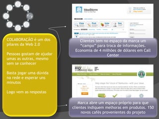 Clientes tem no espaço da marca um “campo” para troca de informações. Economia de 4 milhões de dólares em Call Center Marca abre um espaço próprio para que clientes indiquem melhoras em produtos. 150 novos cafés provenientes do projeto COLABORAÇÃO é um dos pilares da Web 2.0 Pessoas gostam de ajudar umas as outras, mesmo sem se conhecer Basta jogar uma dúvida na rede e esperar uns minutos Logo vem as respostas 