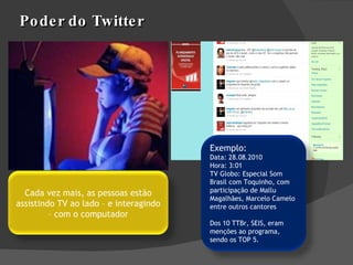 Poder do Twitter Cada vez mais, as pessoas estão assistindo TV ao lado – e interagindo – com o computador Exemplo: Data: 28.08.2010 Hora: 3:01 TV Globo: Especial Som Brasil com Toquinho, com participação de Mallu Magalhães, Marcelo Camelo entre outros cantores Dos 10 TTBr, SEIS, eram menções ao programa, sendo os TOP 5. 