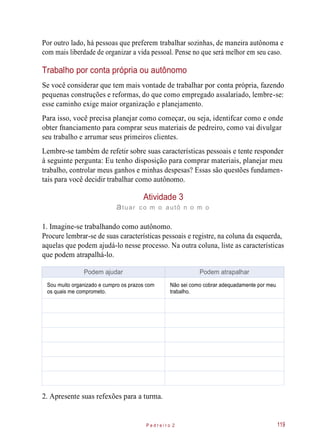 Por outro lado, há pessoas que preferem trabalhar sozinhas, de maneira autônoma e
com mais liberdade de organizar a vida pessoal. Pense no que será melhor em seu caso.
Trabalho por conta própria ou autônomo
Se você considerar que tem mais vontade de trabalhar por conta própria, fazendo
pequenas construções e reformas, do que como empregado assalariado, lembre-se:
esse caminho exige maior organização e planejamento.
Para isso, você precisa planejar como começar, ou seja, identifcar como e onde
obter fnanciamento para comprar seus materiais de pedreiro, como vai divulgar
seu trabalho e arrumar seus primeiros clientes.
Lembre-se também de refetir sobre suas características pessoais e tente responder
à seguinte pergunta: Eu tenho disposição para comprar materiais, planejar meu
trabalho, controlar meus ganhos e minhas despesas? Essas são questões fundamen-
tais para você decidir trabalhar como autônomo.
Atividade 3
atuar co m o autô n o m o
1. Imagine-se trabalhando como autônomo.
Procure lembrar-se de suas características pessoais e registre, na coluna da esquerda,
aquelas que podem ajudá-lo nesse processo. Na outra coluna, liste as características
que podem atrapalhá-lo.
2. Apresente suas refexões para a turma.
P e d r e i r o 2 119
Podem ajudar Podem atrapalhar
Sou muito organizado e cumpro os prazos com
os quais me comprometo.
Não sei como cobrar adequadamente por meu
trabalho.
 