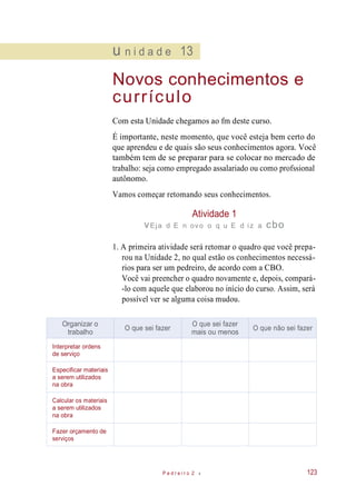 u n i d a d e 13
Novos conhecimentos e
currículo
Com esta Unidade chegamos ao fm deste curso.
É importante, neste momento, que você esteja bem certo do
que aprendeu e de quais são seus conhecimentos agora. Você
também tem de se preparar para se colocar no mercado de
trabalho: seja como empregado assalariado ou como profssional
autônomo.
Vamos começar retomando seus conhecimentos.
Atividade 1
vEja d E n ovo o q u E d iz a cbo
1. A primeira atividade será retomar o quadro que você prepa-
rou na Unidade 2, no qual estão os conhecimentos necessá-
rios para ser um pedreiro, de acordo com a CBO.
Você vai preencher o quadro novamente e, depois, compará-
-lo com aquele que elaborou no início do curso. Assim, será
possível ver se alguma coisa mudou.
P e d r e i r o 2 l 123
Organizar o
trabalho
O que sei fazer
O que sei fazer
mais ou menos
O que não sei fazer
Interpretar ordens
de serviço
Especificar materiais
a serem utilizados
na obra
Calcular os materiais
a serem utilizados
na obra
Fazer orçamento de
serviços
 