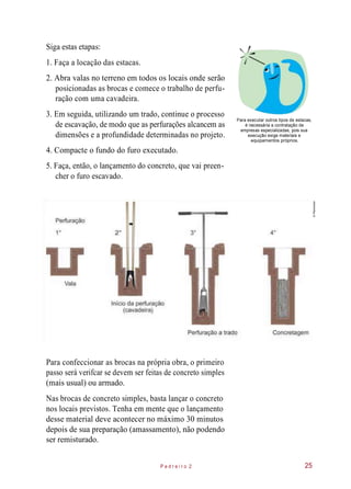 Siga estas etapas:
1. Faça a locação das estacas.
2. Abra valas no terreno em todos os locais onde serão
posicionadas as brocas e comece o trabalho de perfu-
ração com uma cavadeira.
3. Em seguida, utilizando um trado, continue o processo
de escavação, de modo que as perfurações alcancem as
dimensões e a profundidade determinadas no projeto.
Para executar outros tipos de estacas,
é necessária a contratação de
empresas especializadas, pois sua
execução exige materiais e
equipamentos próprios.
4. Compacte o fundo do furo executado.
5. Faça, então, o lançamento do concreto, que vai preen-
cher o furo escavado.
Para confeccionar as brocas na própria obra, o primeiro
passo será verifcar se devem ser feitas de concreto simples
(mais usual) ou armado.
Nas brocas de concreto simples, basta lançar o concreto
nos locais previstos. Tenha em mente que o lançamento
desse material deve acontecer no máximo 30 minutos
depois de sua preparação (amassamento), não podendo
ser remisturado.
P e d r e i r o 2 25
©Planomotor
 