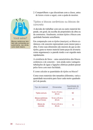 Tipo de material Dimensões
Quantidade de
Tijolos comuns
5 cm x 10 cm x
20 cm
92
Blocos cerâmicos
(6 ou 8 furos)
10 cm x 20 cm x
20 cm
23
Blocos de
concreto
10 cm x 20 cm x
40 cm
13
2. Compartilhem o que discutiram com a classe, antes
de lerem o texto a seguir, com a ajuda do monitor.
Tijolos e blocos cerâmicos ou blocos de
concreto
Você sabia?
A decisão de trabalhar com um ou outro material de-
pende, em geral, da escolha do proprietário da obra ou
da construtora. Atualmente, existem tijolos e blocos com
qualidade bastante semelhante.
Blocos cerâmicos tam-
bém são conhecidos po-
pularmente, nas obras,
como tijolo baiano.
Em comparação com os tijolos (maciços), os blocos ce-
râmicos e de concreto representam custo menor para a
obra. Como suas dimensões são maiores do que as dos
tijolos, gasta-se menos material (tanto peças de alvenaria
como argamassa) e a parede tende a ser erguida mais
rapidamente.
A existência de furos – uma característica dos blocos
cerâmicos e de concreto – tem ainda outra vantagem:
tubulações de água e ligações elétricas podem passar
pelos furos com mais facilidade.
E como calcular as quantidades de tijolos ou blocos?
Como esses materiais têm tamanhos diferentes, varia a
quantidade necessária para fazer cada metro quadrado
(m ) de parede.
peças por m
P e d r e i r o 238
2
2
 