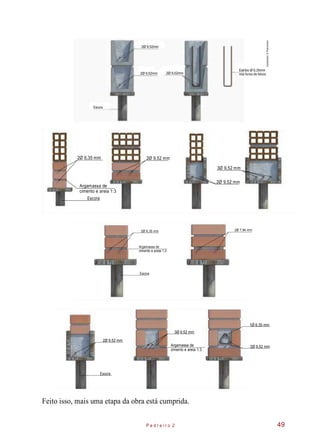 Ilustrações:©Planomotor
Estribo Ø 6,35mm
nos furos do bloco
2Ø 6,35 mm 2Ø 9,52 mm
3Ø 9,52 mm
Argamassa de
cimento e areia 1:3
2Ø 9,52 mm
Argamassa de
cimento e areia 1:3
Feito isso, mais uma etapa da obra está cumprida.
P e d r e i r o 2
Argamassa de
cimento e areia 1:3
49
Escora
2Ø 6,35 mm 2Ø 7,94 mm
Escora
2Ø 9,52 mm
2Ø 9,52 mm
3Ø 9,52 mm
1Ø 6,35 mm
Escora
Escora
2Ø 9,52mm 2Ø 9,52mm
2Ø 9,52mm
 