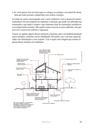 3. Se você quiser, leia seu texto para os colegas ou coloque-o no mural da classe,
para que todos possam compartilhar seus sonhos e desejos.
Levando em conta a preocupação com o meio ambiente e com o desenvolvimento
sustentável, há um conjunto de materiais e técnicas que pode ser utilizado nas
construções e que ajuda a compor o que chamamos hoje de construções sustentáveis
ou ecologicamente corretas. São aquelas menos nocivas ao meio ambiente, sem que
com isso se perca em conforto e segurança.
Vamos ver apenas alguns desses materiais e técnicas, pois você poderá pesquisar
outras soluções, conforme estiver trabalhando. Há muitos sites e revistas especiali-
zadas com informações a esse respeito. Veja a seguir uma imagem que resume al-
gumas dessas soluções em residências.
Caixa d’água secundária
para armazenar a água
coletada da chuva, usada
nas bacias sanitárias.
Cobertura verde.
Captação da luz solar através
de placas fotovoltaicas ou
coletores solares.
Lâmpadas de alta
eficiência energética.
Madeira de reflorestamento
certificada.
Equipamentos sanitários
de baixo consumo. Área externa permeável e
vegetada.
Móveis ecológicos feitos com
materiais naturais renováveis,
reutilizados e/ou reciclados.
Espaço para separação
de lixo reciclável.
Cisterna para armazenamento
de água da chuva e tratada
para regar as plantas.
Miniestação de tratamento de água.
OBS: tratar a calçada com o mesmo cuidado
que a própria residência. Arborizá-la e
permeabilizar o solo são formas respeitosas de
a construção se relacionar com o entorno.
Uma construção só é ecológica quando o
entorno também é sustentável.
Eletrodomésticos ecológicos.
P e d r e i r o 2 95
©ArquitetoFernandoNevesBussoloti
Coleta de água da chuva.
Piso externo
intertravado.
 