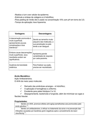 -Realiza o turn over celular da epiderme;
-Estimula a síntese de colágeno e é hidrofílico;
-Para peeling de Verão ele é usado na concentração 10% com pH em torno de 3,5;
-Tempo de aplicação: leve hiperemia.
Vantagens Desvantagens
A descamação promovida é
muito superficial,
apresentando poucas
complicações e boa
tolerância.*
Devido ao tamanho muito
pequeno das moléculas, a
sua penetração na pele
tende a ser desigual.
Embora cause descamações
muito superficiais, seus
resultados podem ser
significativos.
Apresenta grande
variabilidade de resposta
por cada paciente.
Ausência de toxicidade
sistêmica.
Para finalizar sua ação,
precisa ser neutralizado.
Ácido Mandélico:
Ação Antibacteriana;
O AHA de maior peso molecular.
Derivado das amêndoas amargas – é hidrofílico;
A aplicação é homogênea e uniforme;
Excelente para peles fototipos V e VI;
Despigmentante, bactericida e fungicida, além de minimizar as rugas e
flacidez tissular.
Propriedades:
Sendo um AHA, promove efeitos anti-aging semelhantes aos promovidos pelo
ácido glicólico (1)
.
Sendo um antibacteriano, é eficaz no tratamento da acne e na prevenção das
infecções causadas por bactérias gram-negativas após o procedimento de laser-
resurfacing (1)
.
 