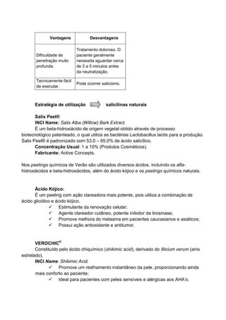 Vantagens Desvantagens
Dificuldade de
penetração muito
profunda.
Tratamento doloroso. O
paciente geralmente
necessita aguardar cerca
de 3 a 5 minutos antes
da neutralização.
Tecnicamente fácil
de executar.
Pode ocorrer salicismo.
Estratégia de utilização salicilinas naturais
Salix Peel®
INCI Name: Salix Alba (Willow) Bark Extract.
É um beta-hidroxiácido de origem vegetal obtido através de processo
biotecnológico patenteado, o qual utiliza as bactérias Lactobacillus lactis para a produção.
Salix Peel® é padronizado com 53,0 – 65,0% de ácido salicílico.
Concentração Usual: 1 a 10% (Produtos Cosméticos).
Fabricante: Active Concepts.
Nos peelings químicos de Verão são utilizados diversos ácidos, incluindo os alfa-
hidroxiácidos e beta-hidroxiácidos, além do ácido kójico e os peelings químicos naturais.
Ácido Kójico:
É um peeling com ação clareadora mais potente, pois utiliza a combinação de
ácido glicólico e ácido kójico.
Estimulante da renovação celular;
Agente clareador cutâneo, potente inibidor da tirosinase;
Promove melhora do melasma em pacientes caucasianos e asiáticos;
Possui ação antioxidante e antitumor.
VEROCHIC®
Constituído pelo ácido chiquímico (shikimic acid), derivado do Illicium verum (anis
estrelado).
INCI Name: Shikimic Acid.
Promove um resfriamento instantâneo da pele, proporcionando ainda
mais conforto ao paciente;
Ideal para pacientes com peles sensíveis e alérgicas aos AHA’s.
 