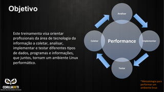 Objetivo
Este	
  treinamento	
  visa	
  orientar	
  
proﬁssionais	
  da	
  área	
  de	
  tecnologia	
  da	
  
informação	
  a	
  coletar,	
  analisar,	
  
implementar	
  e	
  testar	
  diferentes	
  Cpos	
  
de	
  dados,	
  programas	
  e	
  informações,	
  
que	
  juntos,	
  tornam	
  um	
  ambiente	
  Linux	
  
performáCco.	
  
Performance	
  
Analisar	
  
Implementar	
  
Testar	
  
Coletar	
  
*Metodologia	
  para	
  
performar	
  um	
  
ambiente	
  linux	
  
 
