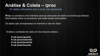 Análise & Coleta – /proc
Os dados relevantes que o /proc nos apresenta
/Proc na verdade é uma interface para as estruturas de dados do kernel que oferece
informações sobre os processos que estão sendo executados.
Os dados são armazenados na memória e não em disco
Analise o conteúdo de cada um dos arquivos abaixo:
# cat /proc/cpuinfo
# cat /proc/meminfo
# cat /proc/zoneinfo
# cat /proc/mounts
 
