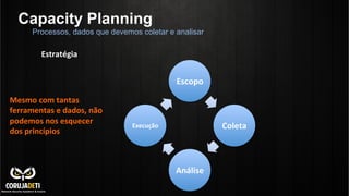 Capacity Planning
Estratégia	
  
Processos, dados que devemos coletar e analisar
Escopo	
  
Coleta	
  
Análise	
  
Execução	
  
Mesmo	
  com	
  tantas	
  
ferramentas	
  e	
  dados,	
  não	
  
podemos	
  nos	
  esquecer	
  
dos	
  princípios	
  
 