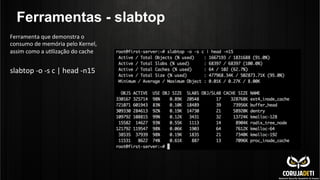 Ferramentas - slabtop
Ferramenta	
  que	
  demonstra	
  o	
  
consumo	
  de	
  memória	
  pelo	
  Kernel,	
  
assim	
  como	
  a	
  uClização	
  do	
  cache	
  	
  
slabtop	
  -­‐o	
  -­‐s	
  c	
  |	
  head	
  -­‐n15	
  
 