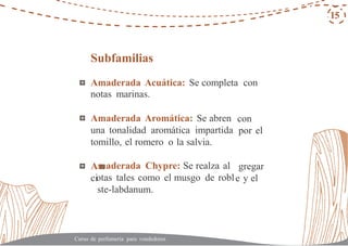 A n
ci
con
por el
gregar
e y el
15
Subfamilias
Amaderada Acuática: Se completa con
notas marinas.
Amaderada Aromática: Se abren
una tonalidad aromática impartida
tomillo, el romero o la salvia.
maderada Chypre: Se realza al
otas tales como el musgo de robl
ste-labdanum.
Curso de perfumería para vendedores
 