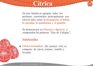 C
Cítrica
En esta familia se agrupan todos los
perfumes constituidos principalmente por
cítricos tales como la bergamota, el limón,
la naranja, la mandarina y el pomelo.
17
Se destacan por su frescura y ligereza, y
comprenden las primeras “Eau de Cologne”.
Subfamilia
CítricaAromática:
compone de salvia,
lavanda.
De carácter viril, se
romero, tomillo y
urso de venta de perfumes - 2010
 