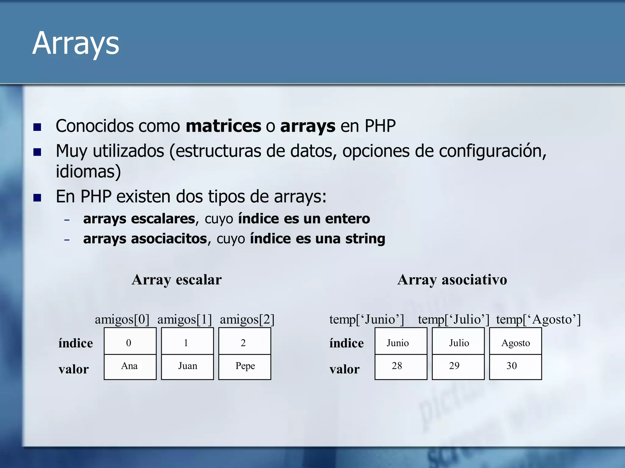 Arrays

   Conocidos como matrices o arrays en PHP
   Muy utilizados (estructuras de datos, opciones de configuración,
    idiomas)
   En PHP existen dos tipos de arrays:
     –   arrays escalares, cuyo índice es un entero
     –   arrays asociacitos, cuyo índice es una string

                      Array escalar                        Array asociativo

             amigos[0] amigos[1] amigos[2]   temp[‘Junio’] temp[‘Julio’] temp[‘Agosto’]
    índice        0          1         2     índice      Junio    Julio   Agosto

    valor        Ana        Juan      Pepe   valor        28      29       30
 