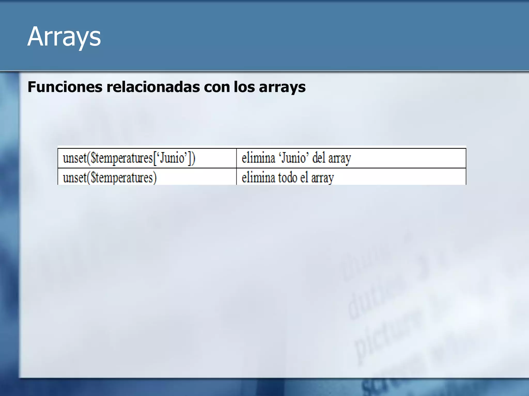Arrays
Funciones relacionadas con los arrays
 