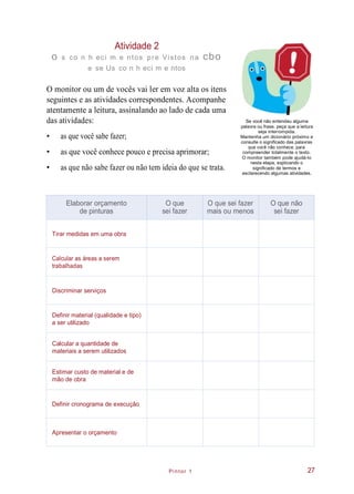 Pintor 1
Atividade 2
o s co n h eci m e ntos pre Vistos na cbo
e se Us co n h eci m e ntos
O monitor ou um de vocês vai ler em voz alta os itens
seguintes e as atividades correspondentes. Acompanhe
atentamente a leitura, assinalando ao lado de cada uma
das atividades:
• as que você sabe fazer;
• as que você conhece pouco e precisa aprimorar;
• as que não sabe fazer ou não tem ideia do que se trata.
Se você não entendeu alguma
palavra ou frase, peça que a leitura
seja interrompida.
Mantenha um dicionário próximo e
consulte o significado das palavras
que você não conhece, para
compreender totalmente o texto.
O monitor também pode ajudá-lo
nesta etapa, explicando o
significado de termos e
esclarecendo algumas atividades.
27
Elaborar orçamento
de pinturas
O que
sei fazer
O que sei fazer
mais ou menos
O que não
sei fazer
Tirar medidas em uma obra
Calcular as áreas a serem
trabalhadas
Discriminar serviços
Definir material (qualidade e tipo)
a ser utilizado
Calcular a quantidade de
materiais a serem utilizados
Estimar custo de material e de
mão de obra
Definir cronograma de execução
Apresentar o orçamento
 