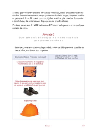 Pintor 1
Mesmo que você entre em uma obra quase concluída, estará em contato com ma-
teriais e ferramentas cortantes ou que podem machucá-lo: pregos, farpas de madei-
ra, pedaços de ferro, blocos de concreto, tijolos, martelos, pás, enxadas. Sem contar
a possibilidade de sofrer quedas de pequenas ou grandes alturas.
Por isso, as normas do MTE defnem os EPI como indispensáveis em qualquer
canteiro de obras.
Atividade 2
eq U i pam e ntos d e proteç ão i n d iVi d Ual esse n ciais
par a pi nto res d e o b r a s
1. Em dupla, converse com o colega ao lado sobre os EPI que vocês consideram
essenciais e justifquem suas respostas.
53
Equipamentos de Proteção Individual
Uso obrigatório: sim ou não?
Justificativa: por que usá-los.
Luvas de borracha e/ou de raspa (mais
resistentes do que as de borracha)
©NorbertoLauria/123RF
Botas de segurança, de preferência com
biqueira de aço, para proteger os pés no caso
de queda de uma lata de tinta, por exemplo
©PauloSavala
Capacete plástico
©IgorPushkar/123RF
 