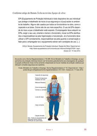 Pintor 1
Conforme artigo de Renata Ávila na revista Equipe de obra:
EPI (Equipamento de Proteção Individual) é todo dispositivo de uso individual
que protege o trabalhador de riscos à sua segurança e à [sua] saúde no ambien-
te de trabalho. Alguns são usados por todos os funcionários na obra, como o
capacete e as botas. Outros são de uso mais específico. O uso de EPIs depen-
de do risco a que o trabalhador está exposto. O empregador deve adquirir os
EPIs, exigir o seu uso, orientar e treinar o funcionário, trocar os EPIs danifica-
dos e responsabilizar-se pela higienização e manutenção. Já o funcionário deve
utilizar o EPI corretamente, responsabilizar-se pela guarda e conservação e
falar para o empregador se o equipamento estiver sem condições de uso. [...]
ÁVILA, Renata. Equipamentos de Proteção Individual. Equipe de Obra. Disponível em:
<http://www.equipedeobra.com.br/construcao-reforma/3/artigo27429-1.asp>.
Acesso em: 14 maio 2012.
De acordo com a Norma Regulamentadora n 18 (NR-18) do Ministério do Trabalho e Emprego, os equi-
pamentos de proteção individual devem ser fornecidos gratuitamente aos empregados de qualquer
ocupação profissional. Essa norma somente é dispensada se houver medidas de proteção coletivas que
ofereçam completa segurança aos operários.
Fonte: Ministério do Trabalho e Emprego. Norma Regulamentadora nº 18. Disponível em: <http://
portal.mte.gov.br/legislacao/norma-regulamentadora-n-18-1.htm>. Acesso em: 17 maio 2012.
o
Capacete de segurança
Óculos de segurança
Abafador de ruído
Máscara filtradora
Cinto de segurança
Camisa ou camiseta
Luvas de raspa
Calça comprida
Calçado fechado
Obs.: Todos os equipamentos de
segurança devem possuir
certificado de autencidade.
55
©GilTokio/Pingado
 