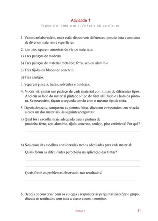 a) Qual foi a escolha mais adequada para a pintura de
Pintor 1
Atividade 1
ti pos d e ti nta e m d iVe rsa s sU pe rfíci es
1. Vamos ao laboratório, onde estão disponíveis diferentes tipos de tinta e amostras
de diversos materiais e superfícies.
2. Em trio, separem amostras de vários materiais:
a) Três pedaços de madeira.
b) Três pedaços de material metálico: ferro, aço ou alumínio.
c) Três tijolos ou blocos de concreto.
d) Três azulejos.
3. Separem pincéis, tintas, solventes e bandejas.
4. Vocês vão pintar um pedaço de cada material com tintas de diferentes tipos.
Anotem ao lado do material pintado o tipo de tinta utilizado e a hora da pintu-
ra. Se necessário, façam a segunda demão com o mesmo tipo de tinta.
5. Depois de secos, comparem as pinturas feitas, discutam e respondam, em relação
a cada um dos materiais, às seguintes perguntas:
(madeira, ferro, aço, alumínio, tijolo, concreto, azulejo, piso cerâmico)? Por quê?
b) Nos casos das escolhas consideradas menos adequadas para cada material:
Quais foram as difculdades percebidas na aplicação das tintas?
Quais foram os problemas observados nos resultados?
6. Depois de conversar com os colegas e responder às perguntas no próprio grupo,
discuta os resultados com toda a classe e com o monitor.
61
 