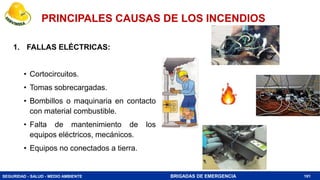 SEGURIDAD - SALUD - MEDIO AMBIENTE BRIGADAS DE EMERGENCIA
PRINCIPALES CAUSAS DE LOS INCENDIOS
101
1. FALLAS ELÉCTRICAS:
• Cortocircuitos.
• Tomas sobrecargadas.
• Bombillos o maquinaria en contacto
con material combustible.
• Falta de mantenimiento de los
equipos eléctricos, mecánicos.
• Equipos no conectados a tierra.
 