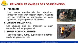 SEGURIDAD - SALUD - MEDIO AMBIENTE BRIGADAS DE EMERGENCIA
5. FRICCIÓN.
Las partes móviles de las maquinas,
producen calor por fricción (roce). Cuando
no se controla la lubricación, el calor
generado llega a producir incendios.
6. CHISPAS MECÁNICAS.
Las chispas que se producen al pulir,
esmerilar, soldar, golpear, etc.
7. SUPERFICIES CALIENTES:
Tubos de vapor, humo, superficies de hornos,
calderas, planchas, etc.
106
PRINCIPALES CAUSAS DE LOS INCENDIOS
 