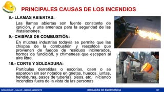 SEGURIDAD - SALUD - MEDIO AMBIENTE BRIGADAS DE EMERGENCIA
8.- LLAMAS ABIERTAS:
Las llamas abiertas son fuente constante de
ignición, y una amenaza para la seguridad de las
instalaciones.
9.- CHISPAS DE COMBUSTIÓN:
En muchas industrias todavía se permite que las
chispas de la combustión y rescoldos que
provienen de fuegos de residuos incinerados,
hornos de fundición, y chimeneas que escapen al
aire libre.
10.- CORTE Y SOLDADURA:
Partículas derretidas o escorias, caen o se
esparcen sin ser notados en grietas, huecos, juntas,
hendiduras, pasos de tuberías, pisos, etc. iniciando
incendios fuera de la vista de las personas.
107
PRINCIPALES CAUSAS DE LOS INCENDIOS
 