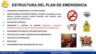 SEGURIDAD - SALUD - MEDIO AMBIENTE BRIGADAS DE EMERGENCIA
ESTRUCTURA DEL PLAN DE EMERGENCIA
1. INFORMACIÓN, DESCRIPCIÓN DE LAS INSTALACIONES.
2. IDENTIFICACIÓN DE FACTORES DE RIESGO – PELIGRO. (Combustibles, energía
eléctrica, productos químicos, material inflamable, zona industrial, zonas
sísmica, zona de inundaciones etc.)
3. EVALUACION DE RIESGOS.
4. PREVENCIÓN Y CONTROL DE RIESGOS. (Eliminación, sustitución,
señalización, mapas de recursos, evacuación, planos, orden y limpieza, etc.)
5. MANTENIMIENTO DE EQUIPOS Y RECURSOS INSTALADOS.
6. PROTOCOLO DE ALARMA Y COMUNICACION DE EMERGENCIAS.
7. PROTOCOLO DE INTERVENCIÓN.
8. EVACUACION.
9. PROCEDIMIENTO PARA IMPLANTANCIÓN DEL PLAN.
11
https://revistainnovacion.com/nota/10467/nociones_basicas_de_un_sistema_de_deteccion_de_incendios/
 