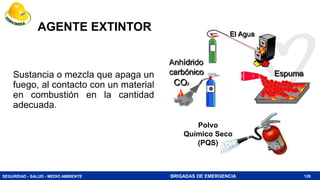 SEGURIDAD - SALUD - MEDIO AMBIENTE BRIGADAS DE EMERGENCIA
AGENTE EXTINTOR
Sustancia o mezcla que apaga un
fuego, al contacto con un material
en combustión en la cantidad
adecuada.
126
Polvo
Químico Seco
(PQS)
 