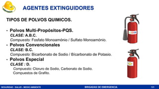 SEGURIDAD - SALUD - MEDIO AMBIENTE BRIGADAS DE EMERGENCIA
AGENTES EXTINGUIDORES
TIPOS DE POLVOS QUIMICOS.
• Polvos Multi-Propósitos-PQS.
CLASE: A.B.C.
Compuesto: Fosfato Monoamónio / Sulfato Monoamónio.
• Polvos Convencionales
CLASE: B.C.
Compuesto: Bicarbonato de Sodio / Bícarbonato de Potasio.
• Polvos Especial
CLASE : D.
Compuesto: Cloruro de Sodio, Carbonato de Sodio.
Compuestos de Grafito.
131
 